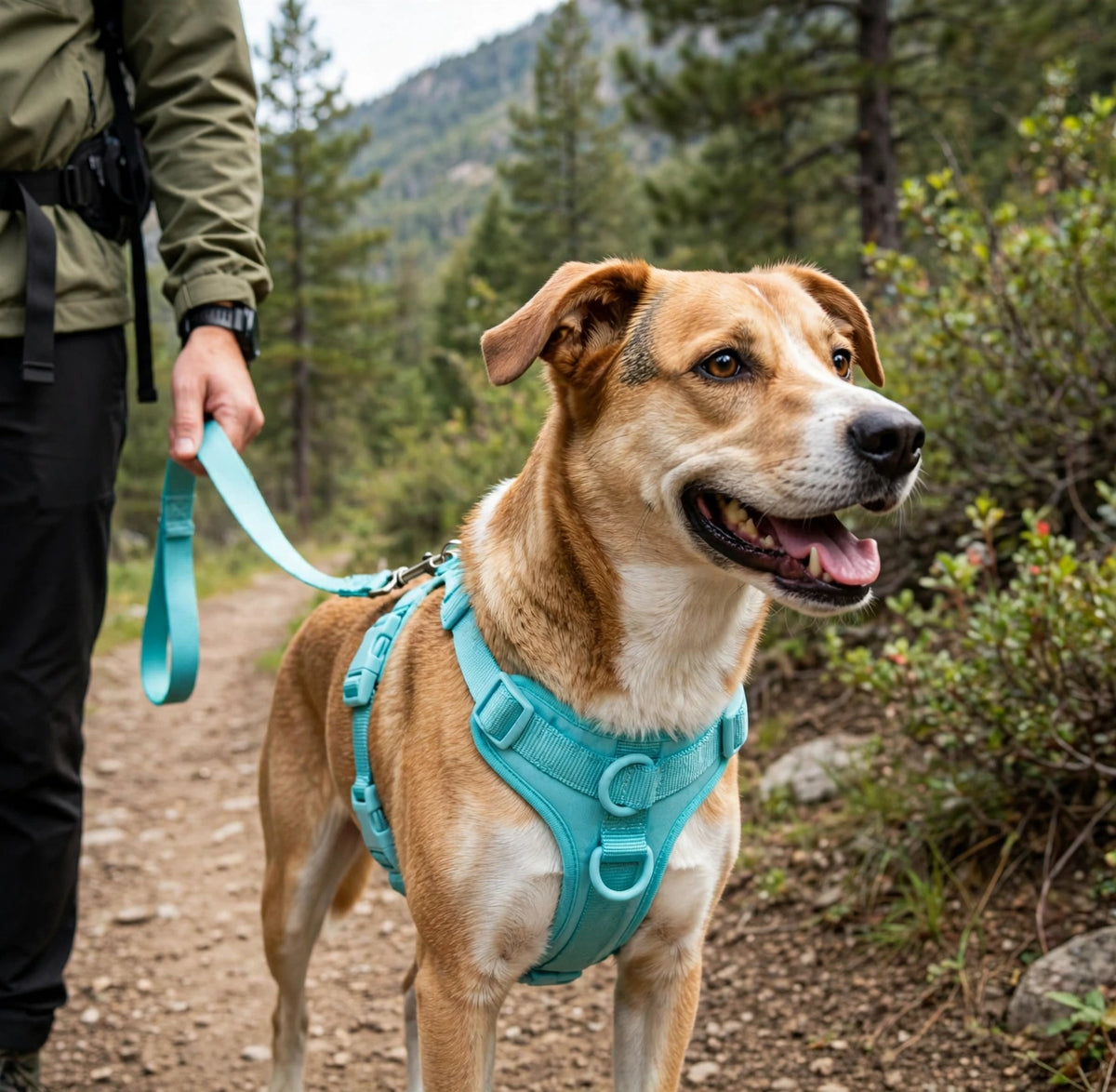 Person hiking with a dog wearing a teal PVC harness and flat strap leash