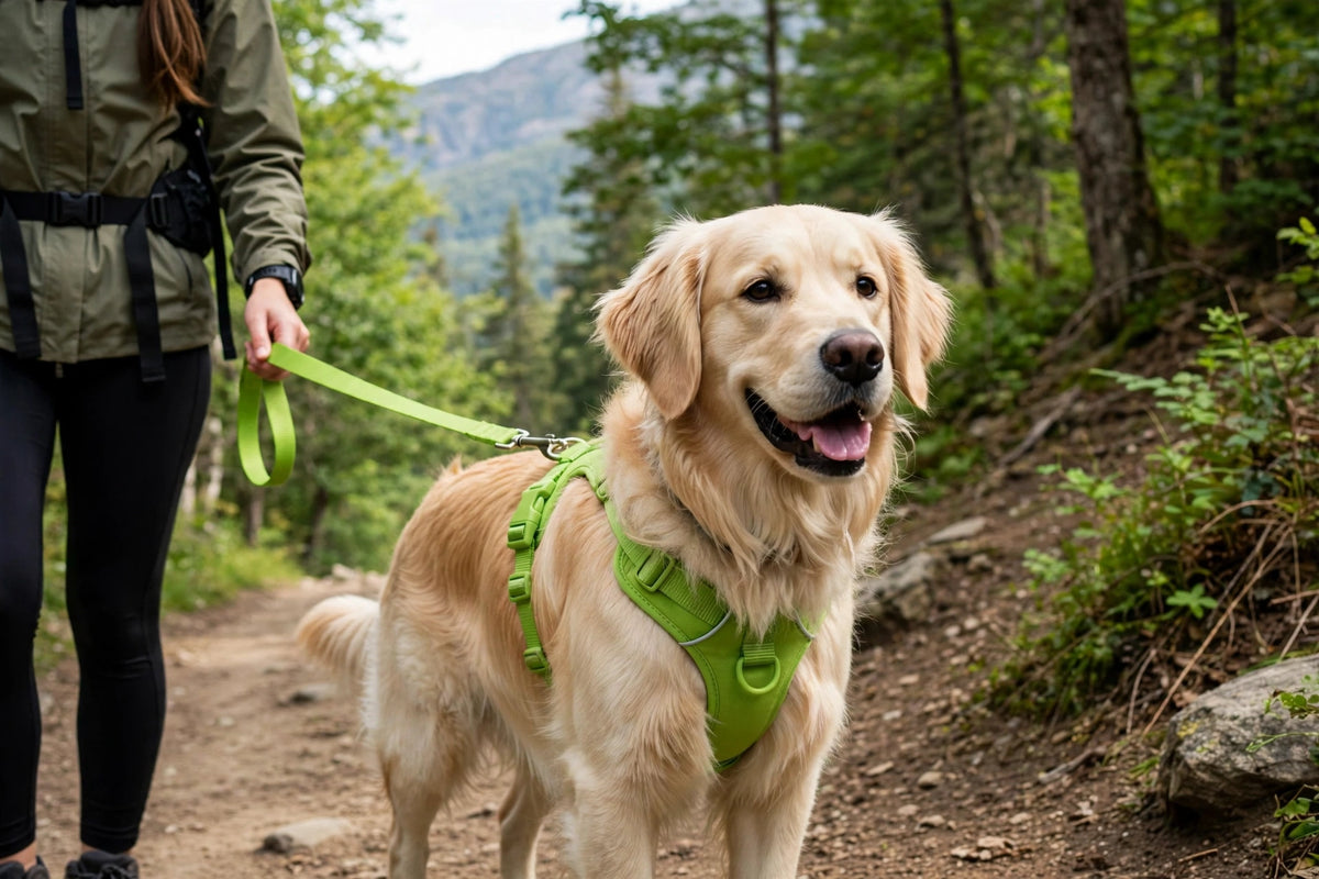 Person hiking with a dog wearing a green PVC harness and lightweight flat strap leash