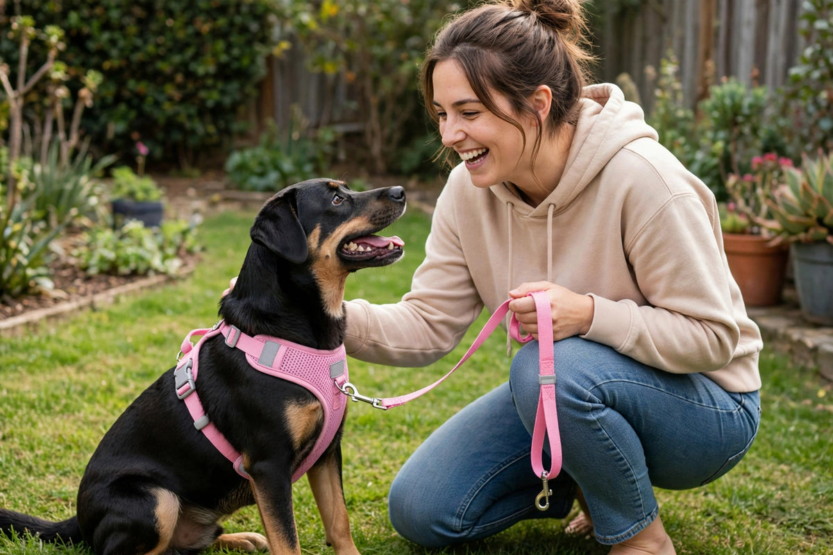 Owner playing with dog wearing pink reflective mesh harness and leash set in yard