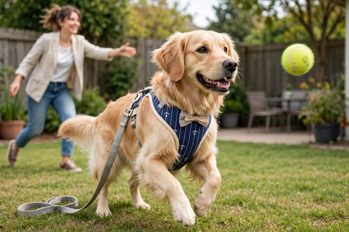 Owner playing fetch with dog wearing plaid vest harness with bow in yard
