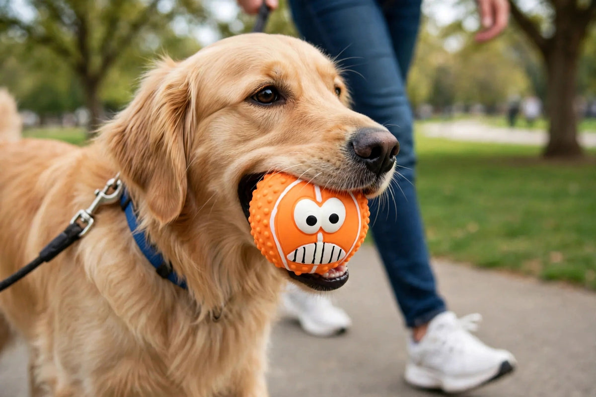 Dog carrying orange smiley ball back to owner on walk