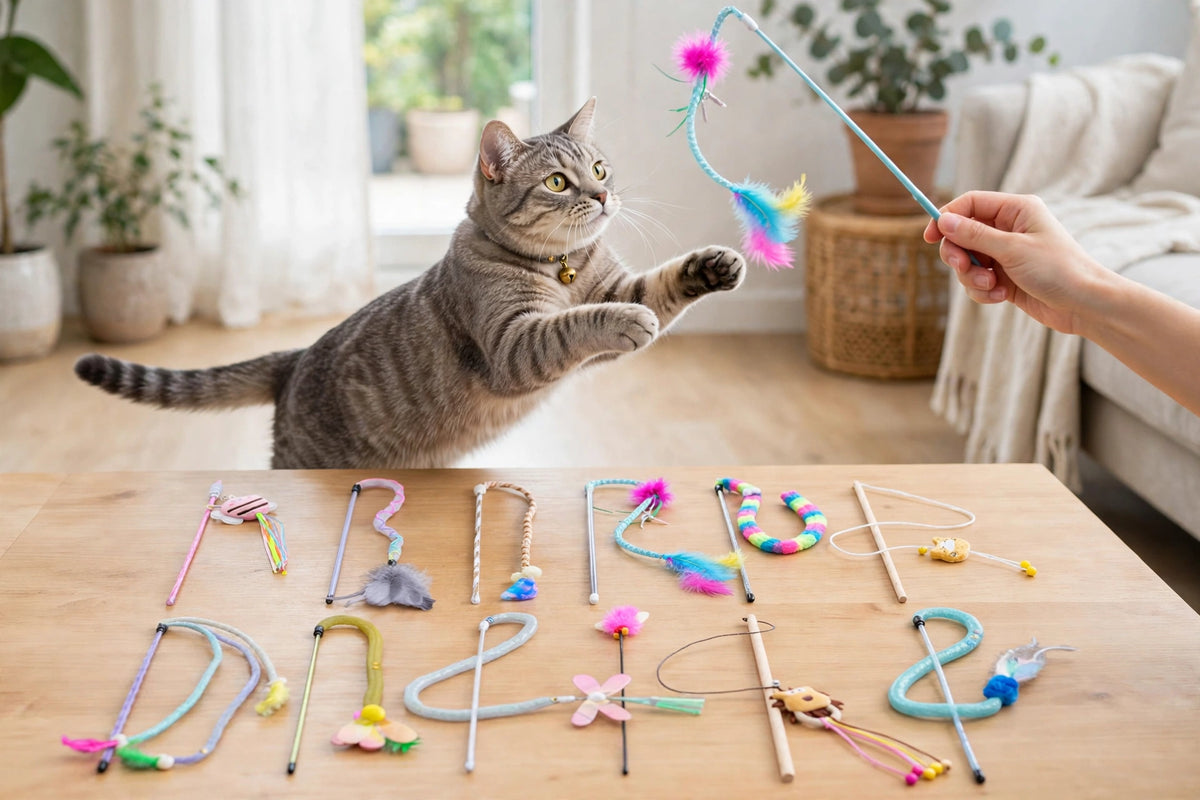 Cat leaping for feather teaser wand held by owner