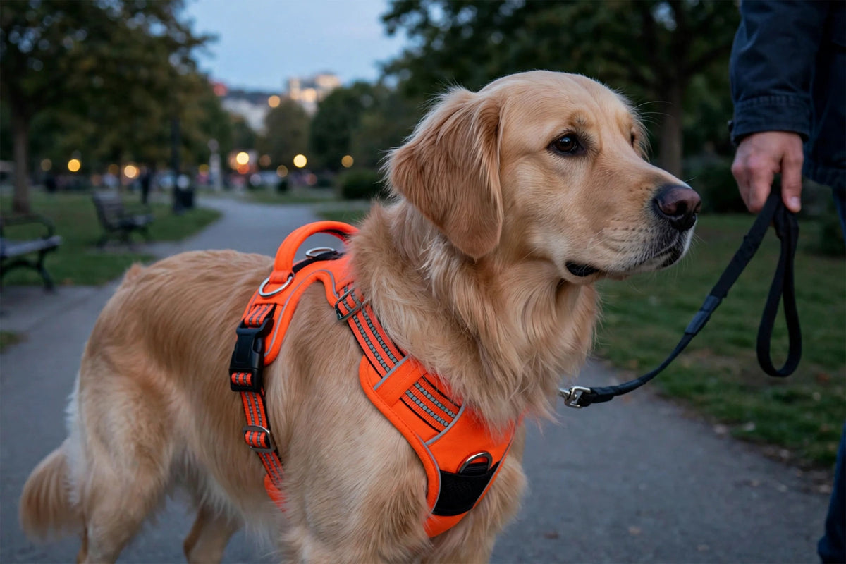 Dog wearing reflective padded vest harness on evening walk with owner