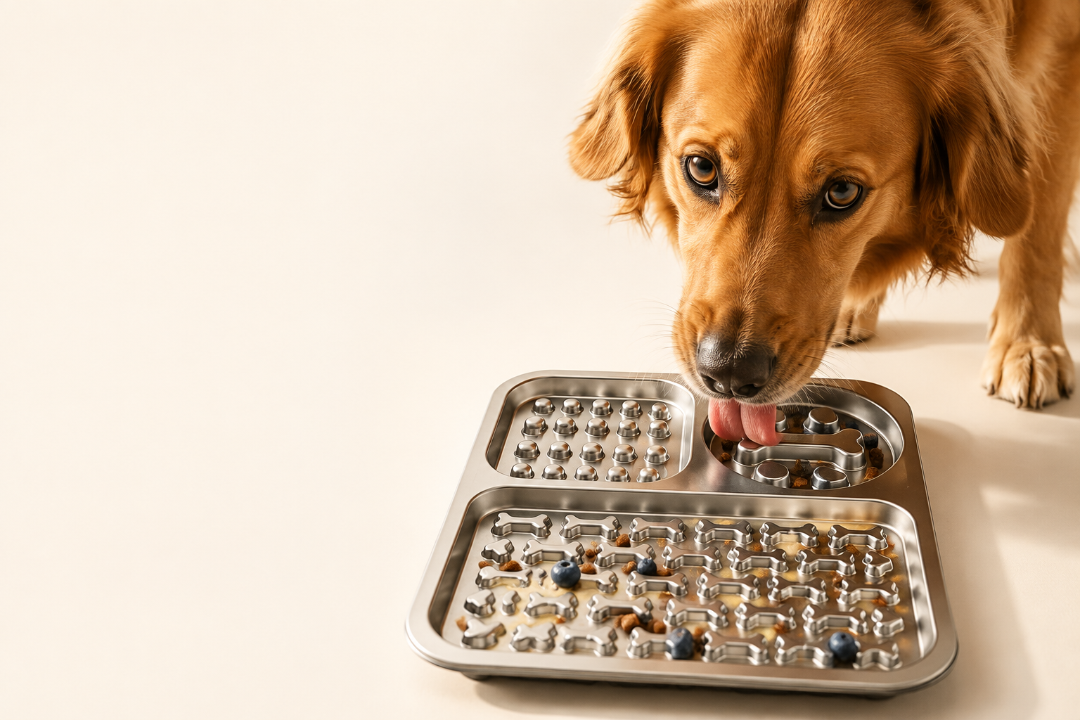 A dog enjoying food from the textured stainless steel tray