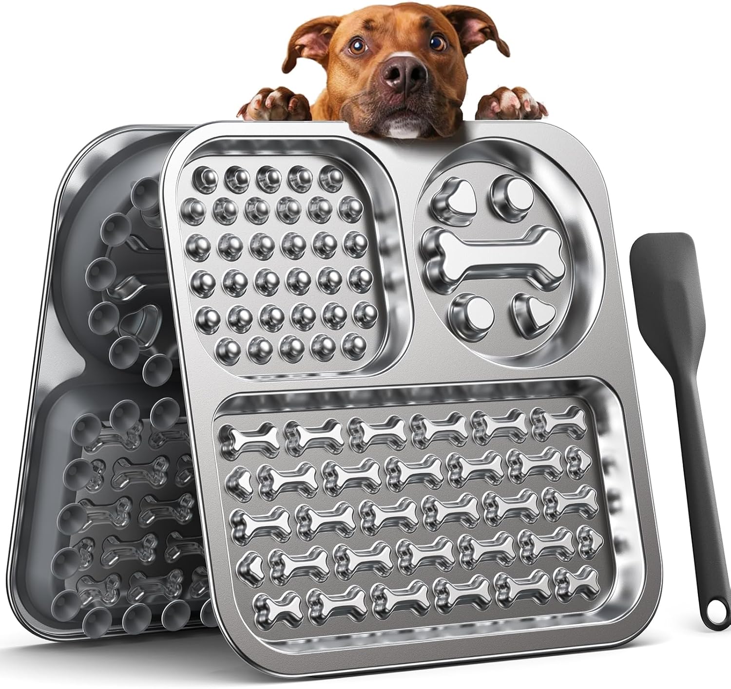 Three-compartment stainless steel dog feeding tray and its suction base