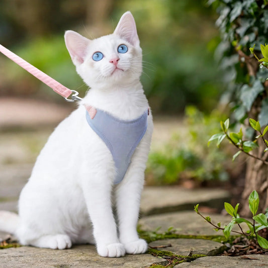 White cat wearing light blue harness and pink leash outdoors