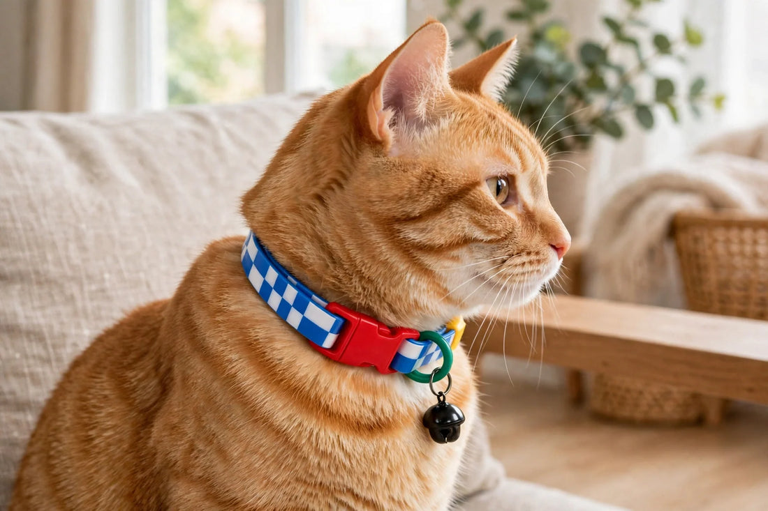 Orange cat wearing blue checkered collar with bell indoors