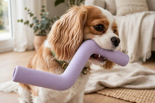 Dog holding purple lightning Z-shaped rubber chew toy indoors