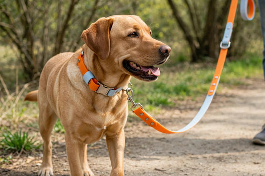 Dog wearing orange and light blue PVC collar and leash outdoors
