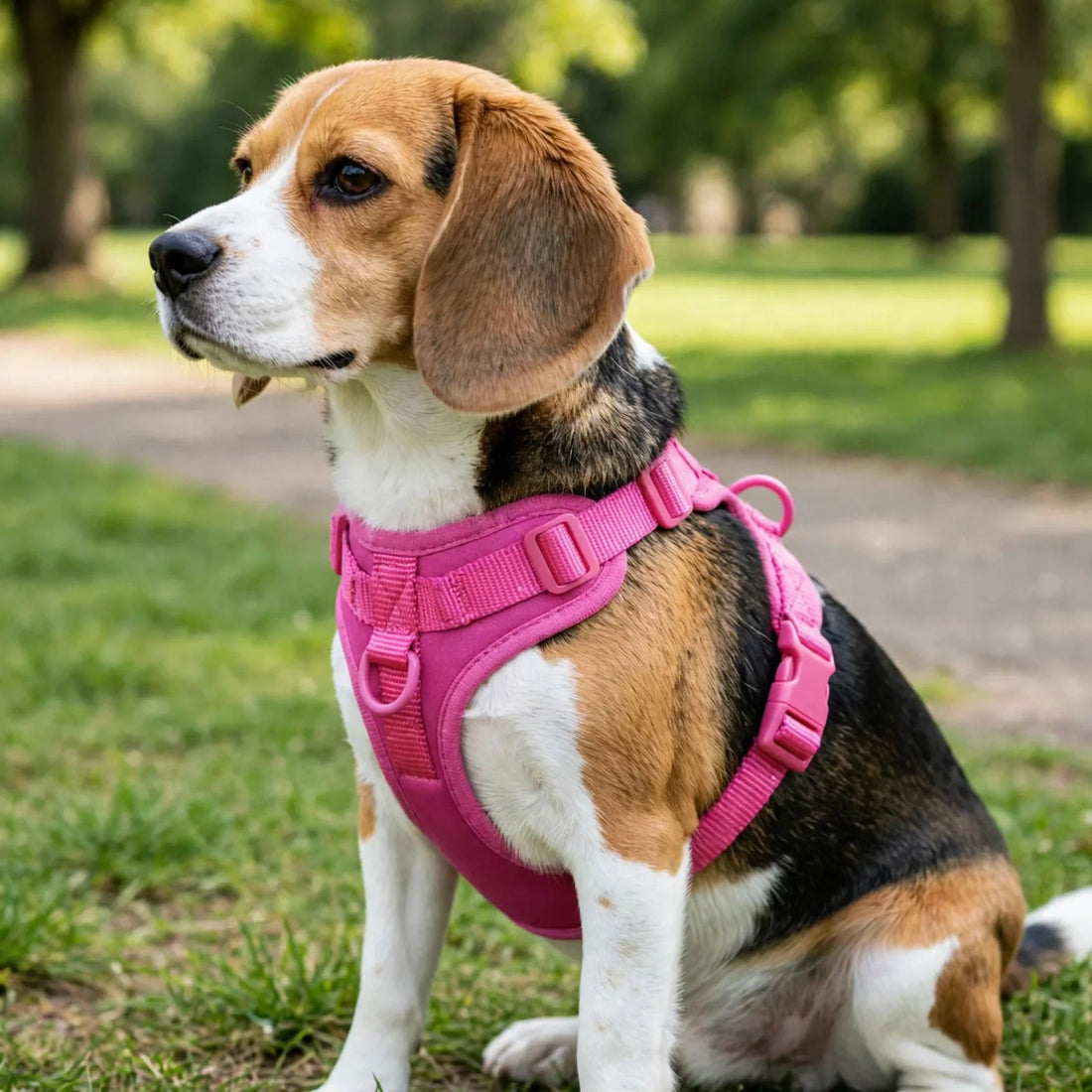 Beagle wearing pink PVC dog harness outdoors