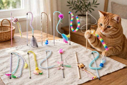 Orange cat playing with teaser wand toys on a table