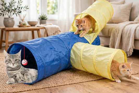 Cats playing in blue and yellow three-way cat tunnel indoors