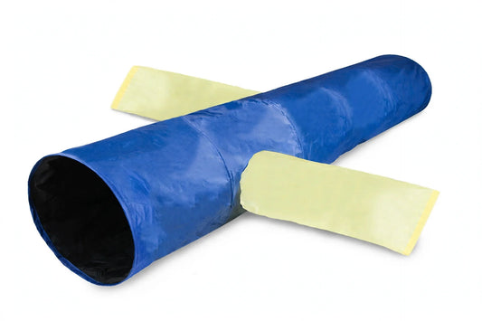Blue and yellow three-way cat play tunnel on white background