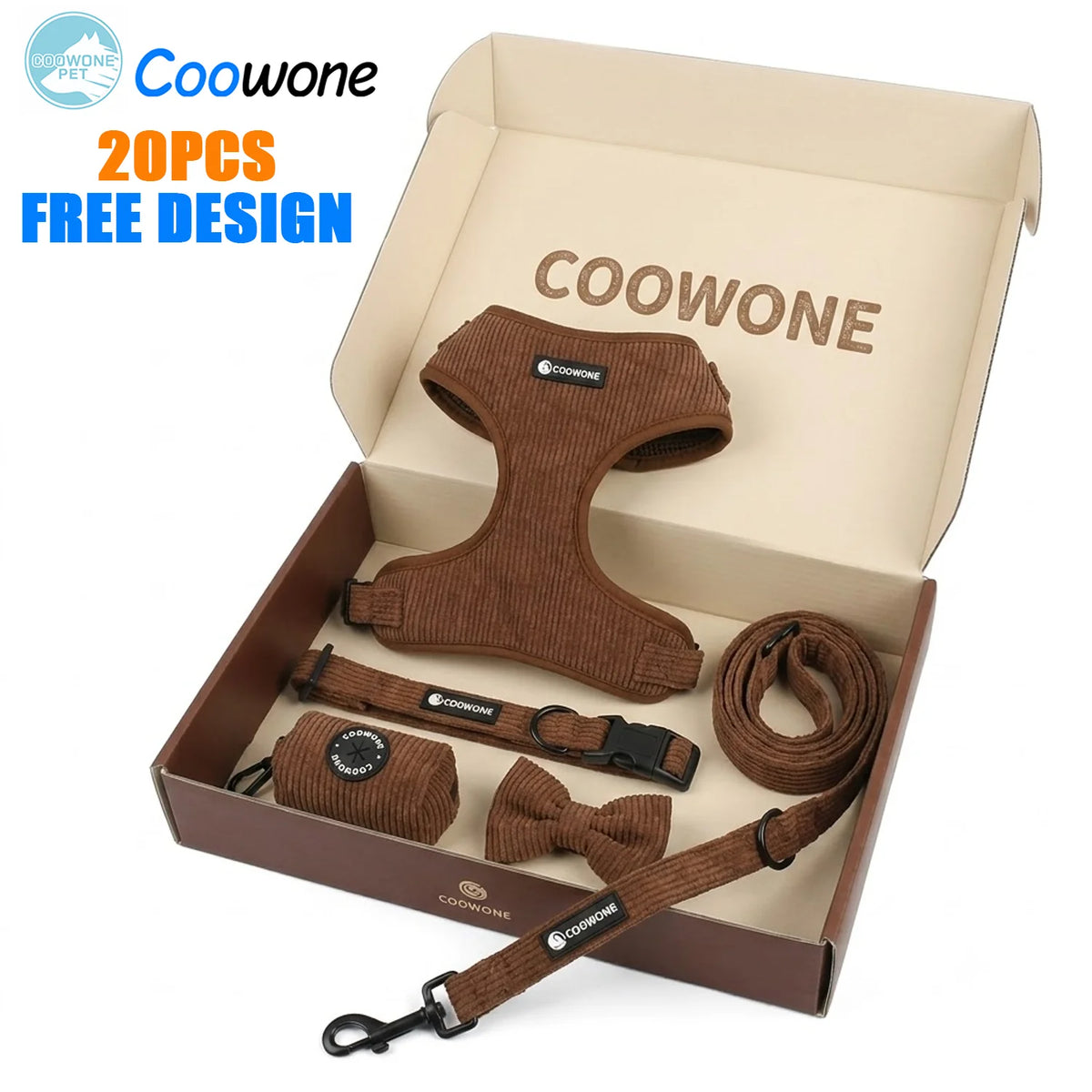 Corduroy Pet Leash Set with Harness, Collar & Poop Bag Holder