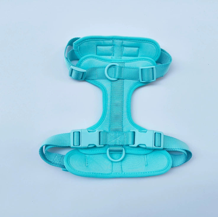 Teal PVC dog harness, front view
