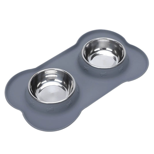 Gray silicone pet feeding mat with two stainless steel bowls