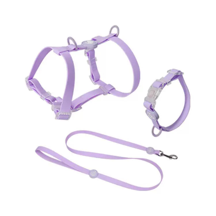 Purple waterproof PVC dog harness, collar and leash set