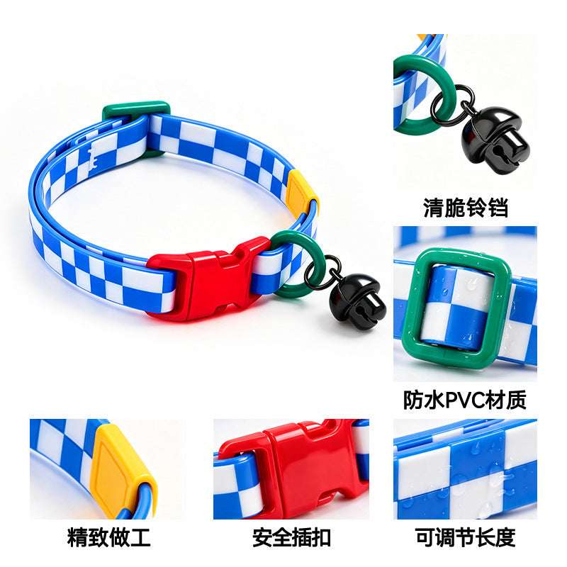 Checkered waterproof cat collar with bell
