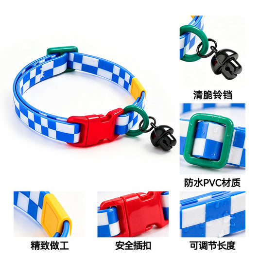 Checkered waterproof cat collar with bell