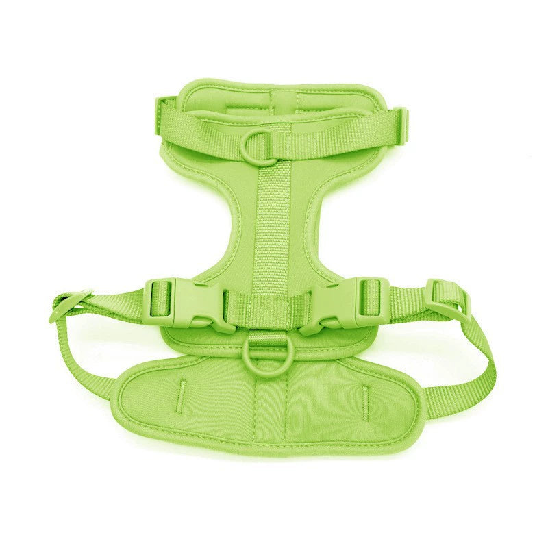 Green PVC dog harness, front view