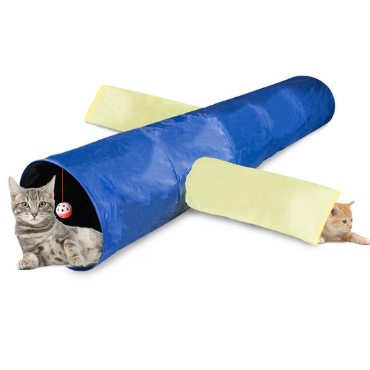 Blue and yellow three-way cat play tunnel with cats