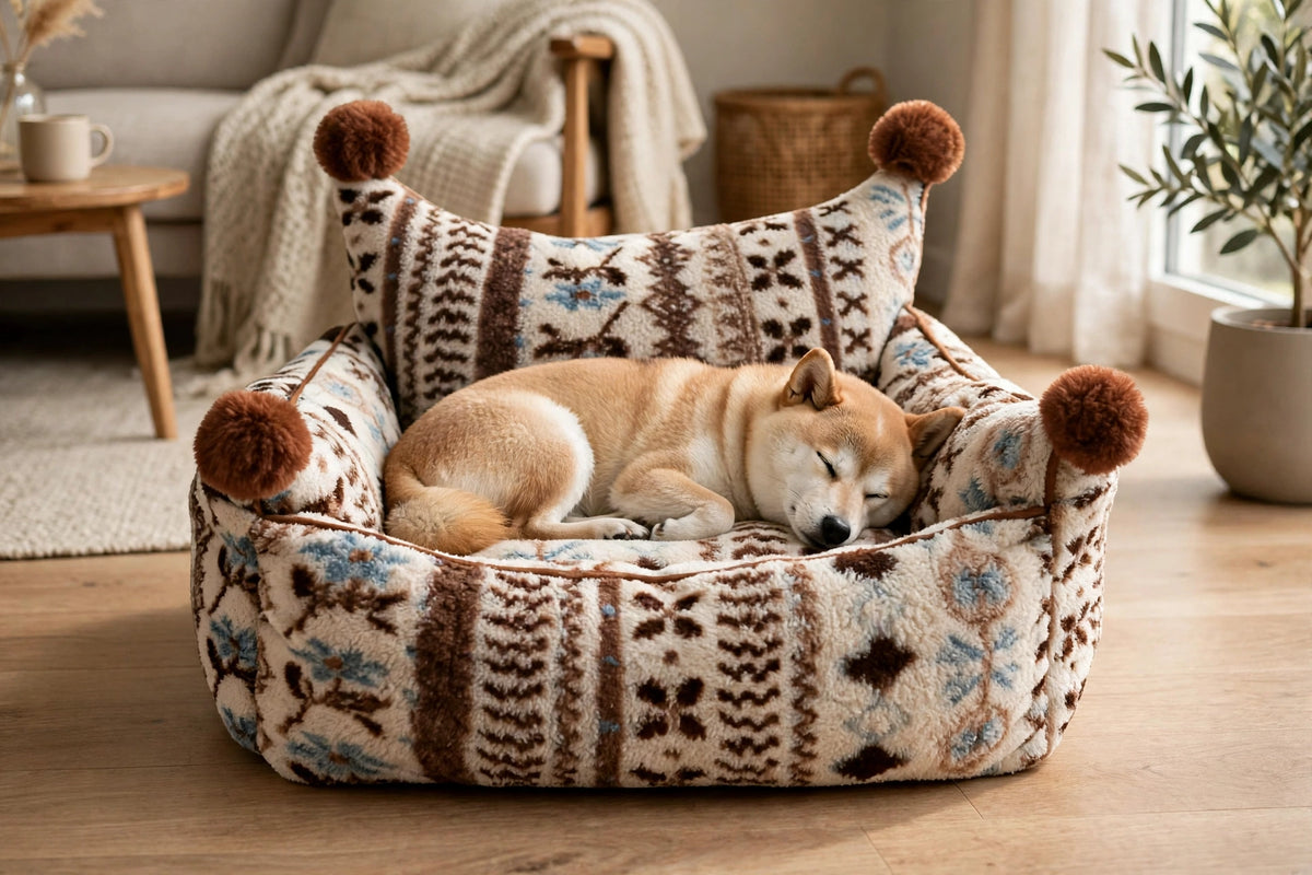 Dog sleeping on patterned bolster pet bed indoors
