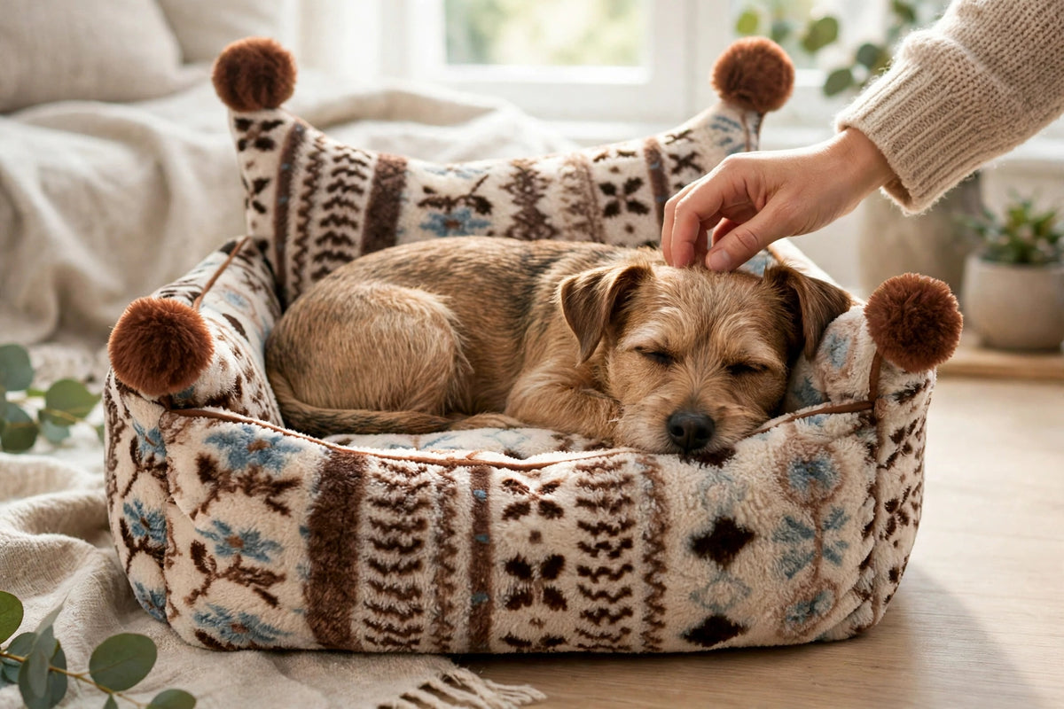 Hand patting a dog resting on a patterned bolster pet bed