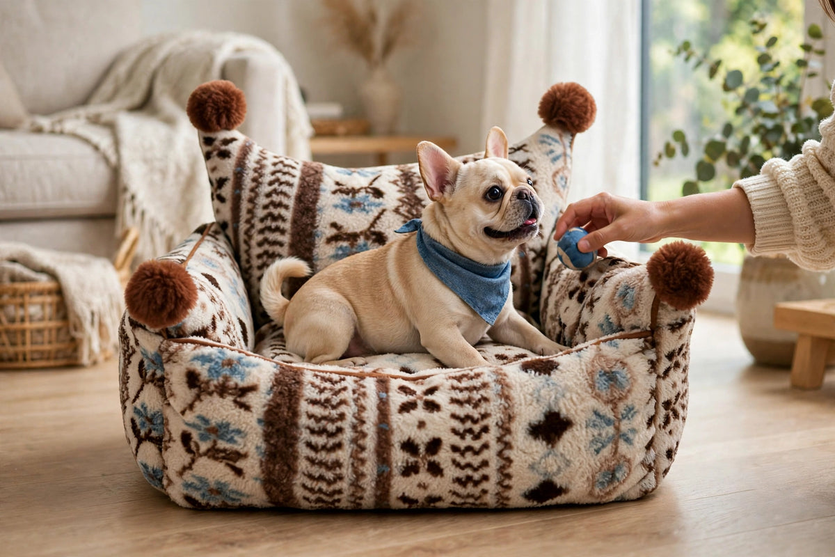 Person playing with a dog on a patterned bolster pet bed