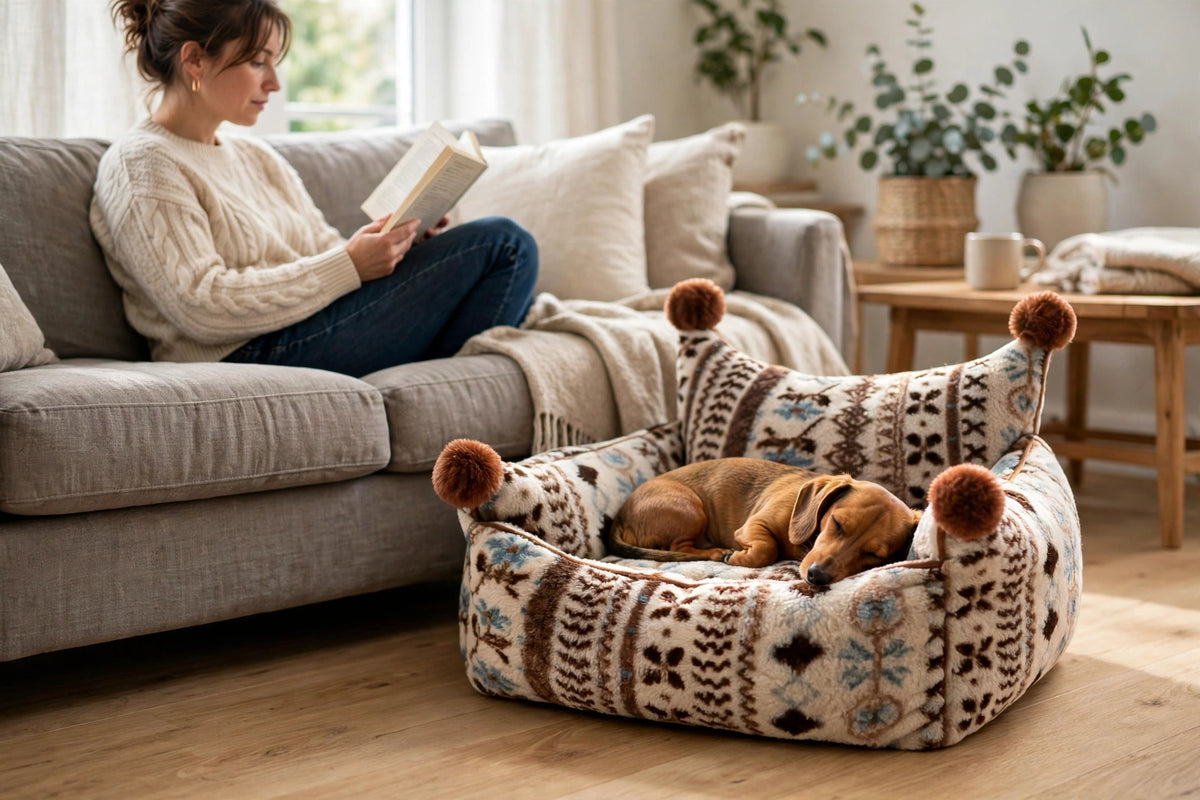 Person reading beside a dog resting on a patterned bolster pet bed