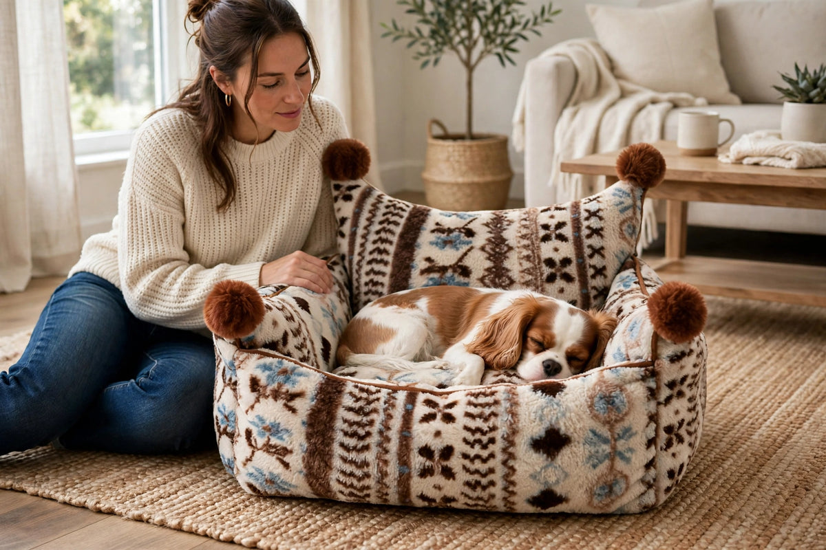 Person sitting beside a dog resting on a patterned bolster pet bed