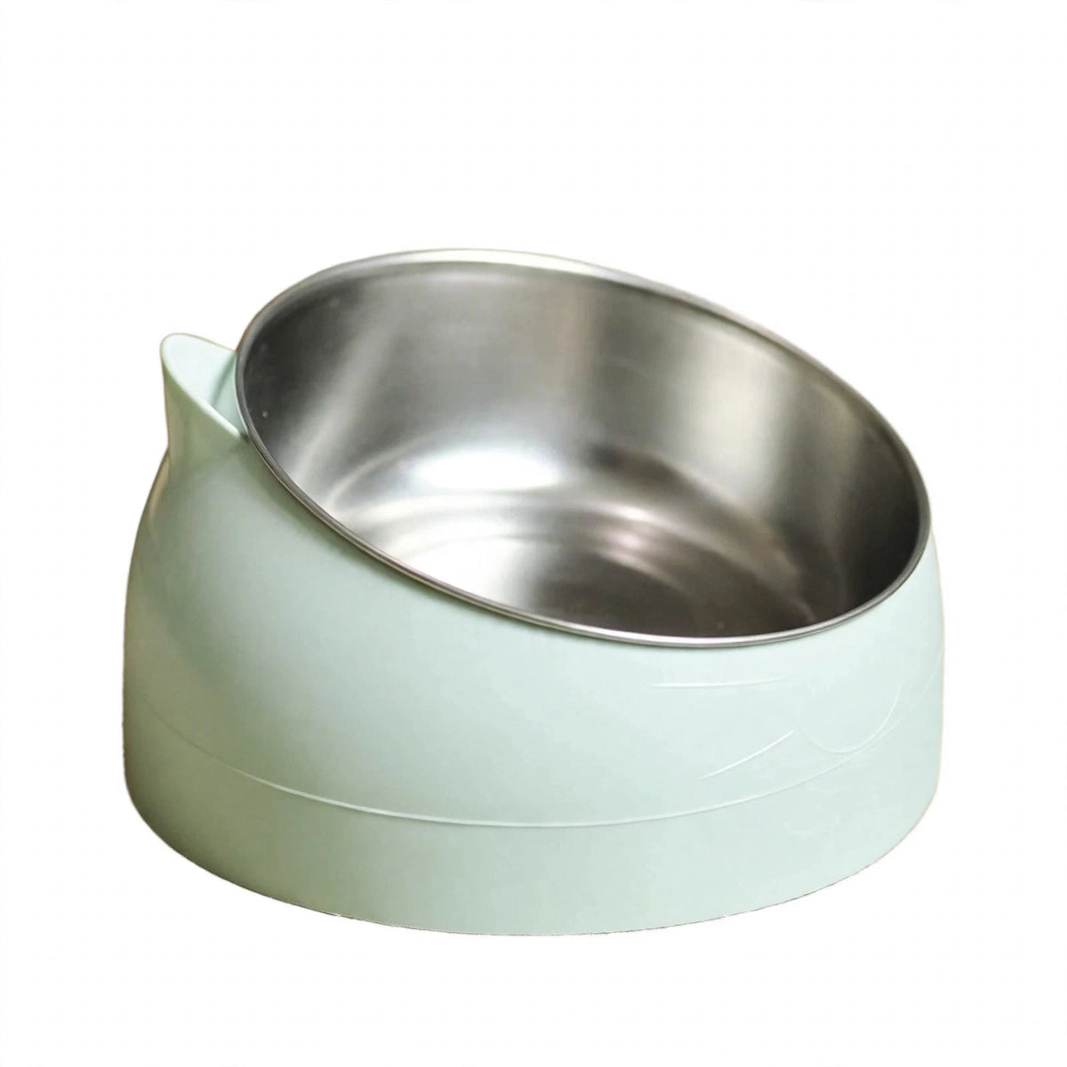 Close-up of slanted stainless steel cat bowl and mint base