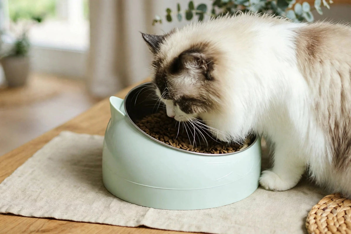 Cat eating from mint slanted stainless steel cat bowl indoors
