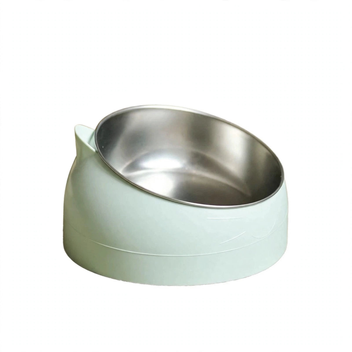 Mint slanted stainless steel cat bowl on white background