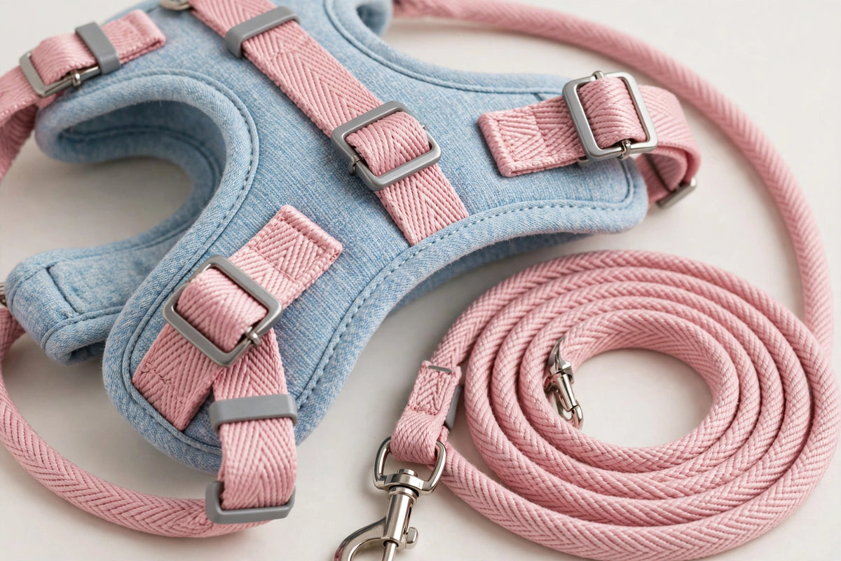 Close-up of light blue cat harness, pink straps and buckles with leash