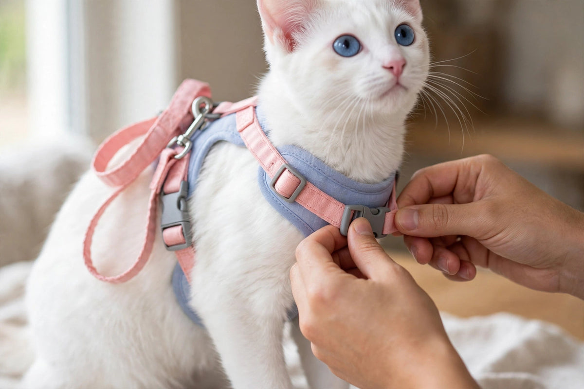 Owner adjusting harness straps on cat