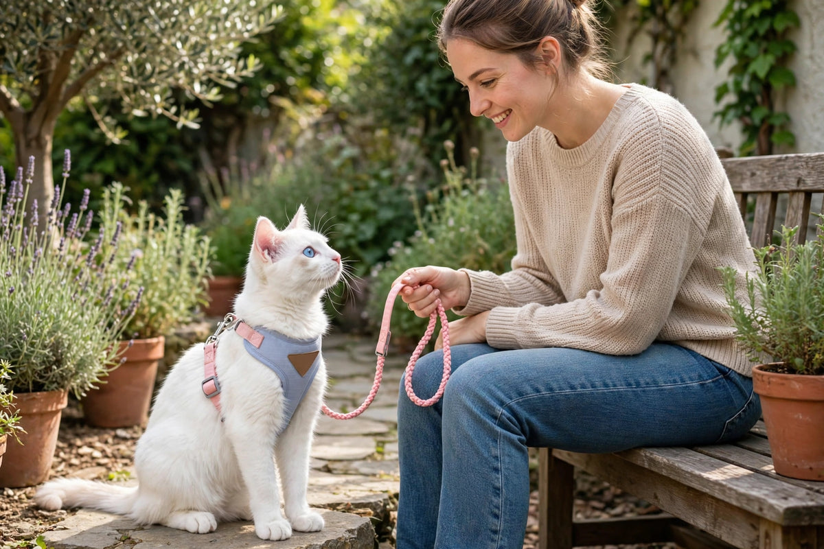 Owner sitting in garden beside cat wearing harness and leash set