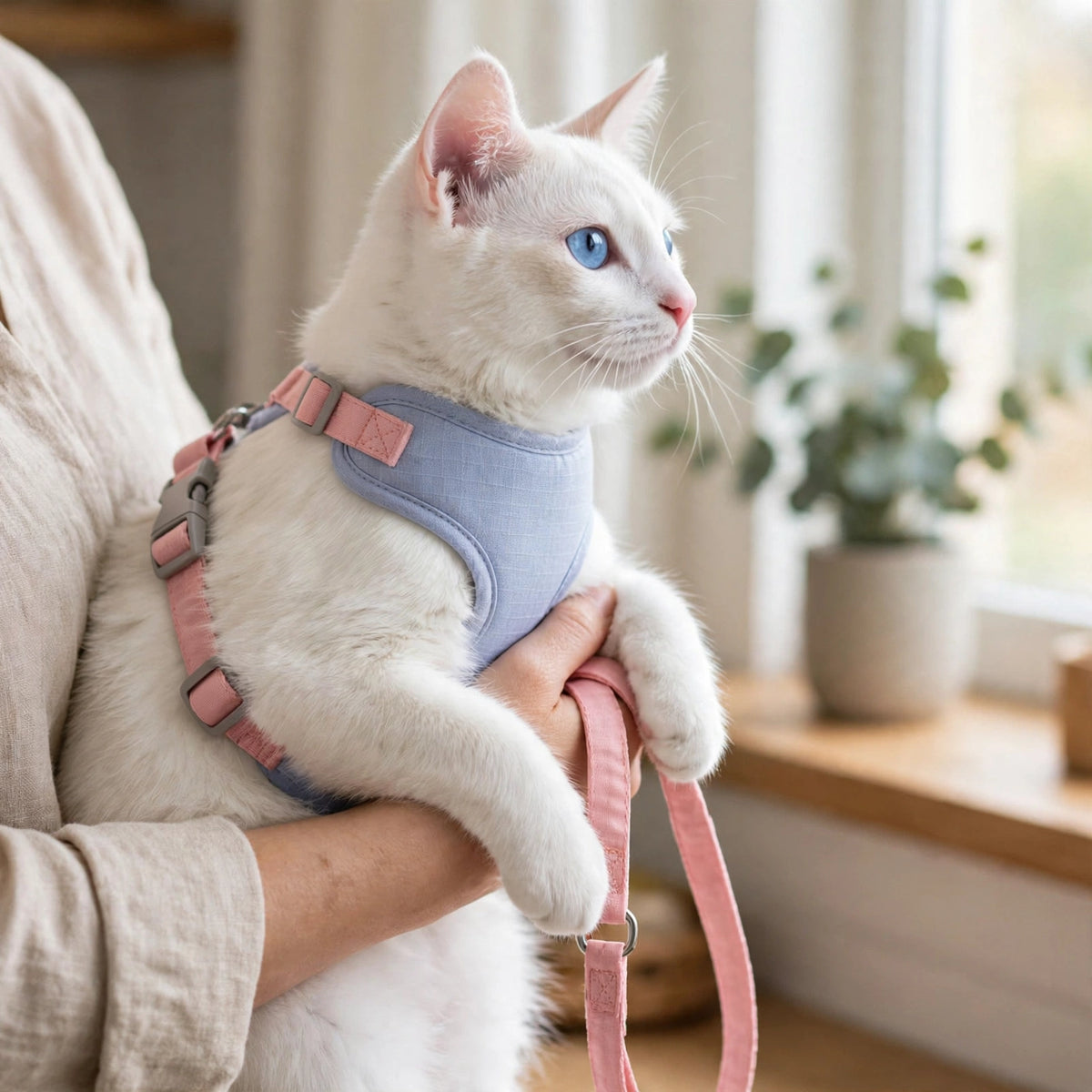 Owner holding cat wearing harness and leash set