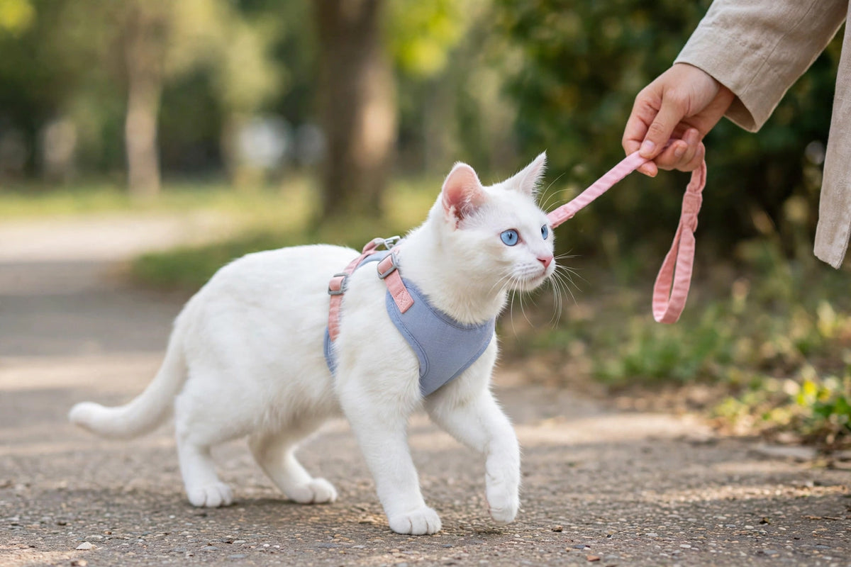 Owner walking cat on leash outdoors, cat wearing harness set
