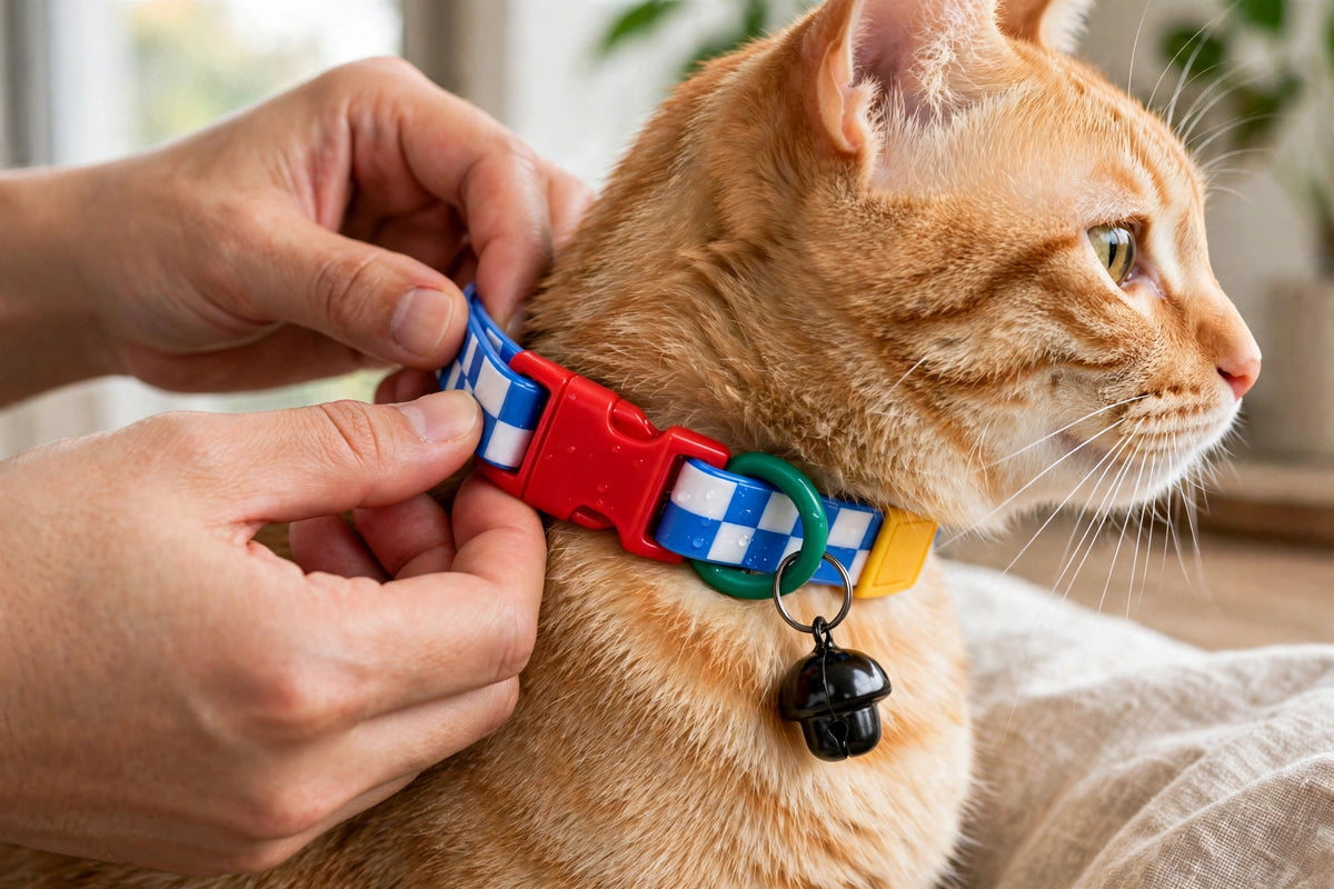 Owner fastening checkered collar with bell on cat