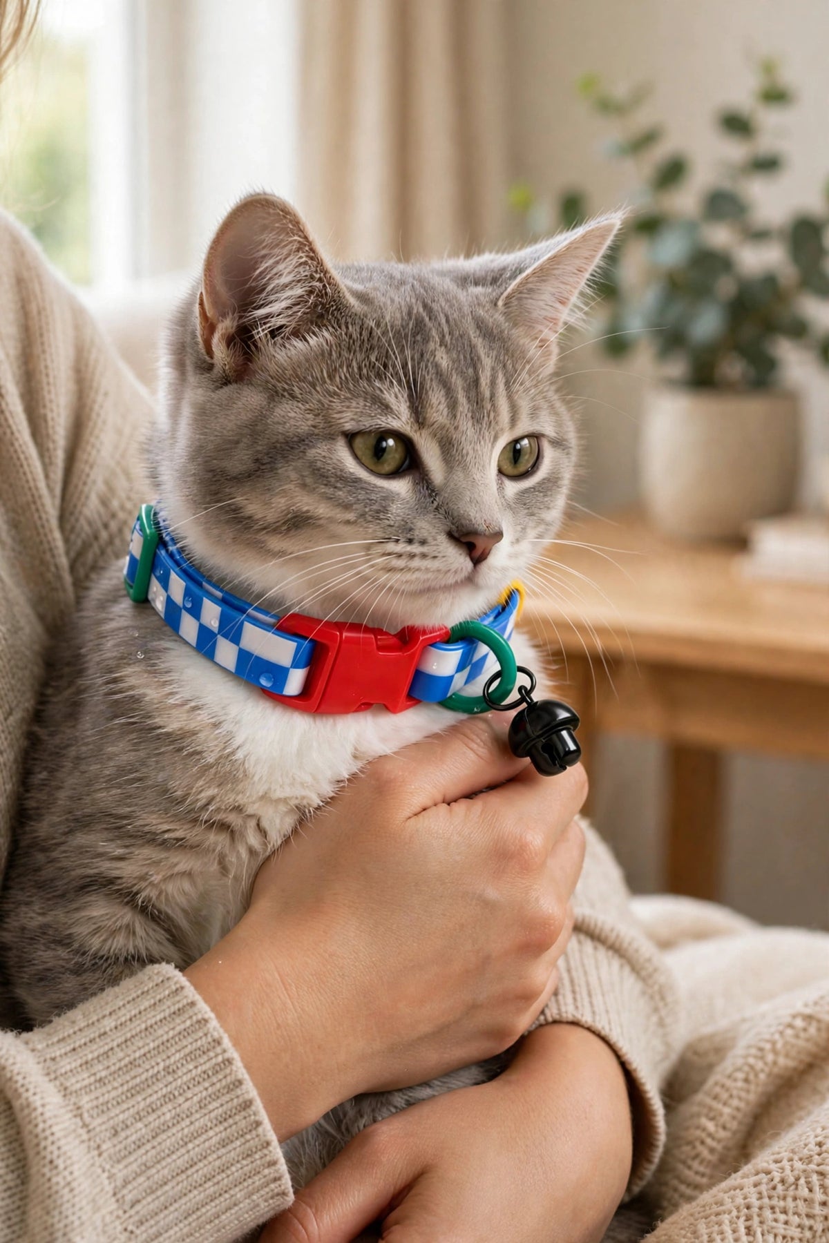 Owner holding cat wearing checkered collar with bell