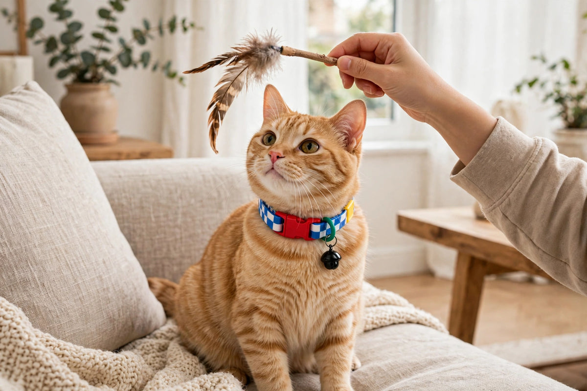 Owner playing with cat wearing checkered collar with bell