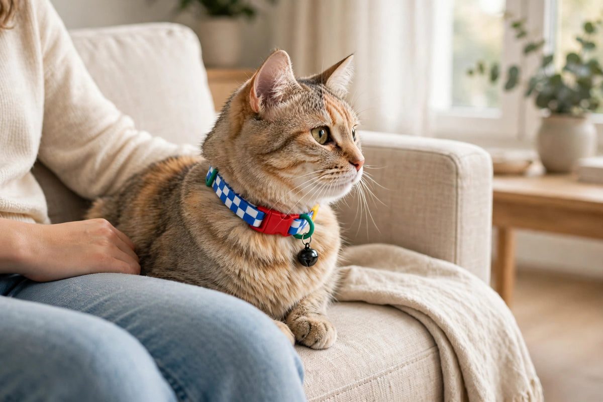 Cat wearing checkered collar with bell beside owner on sofa
