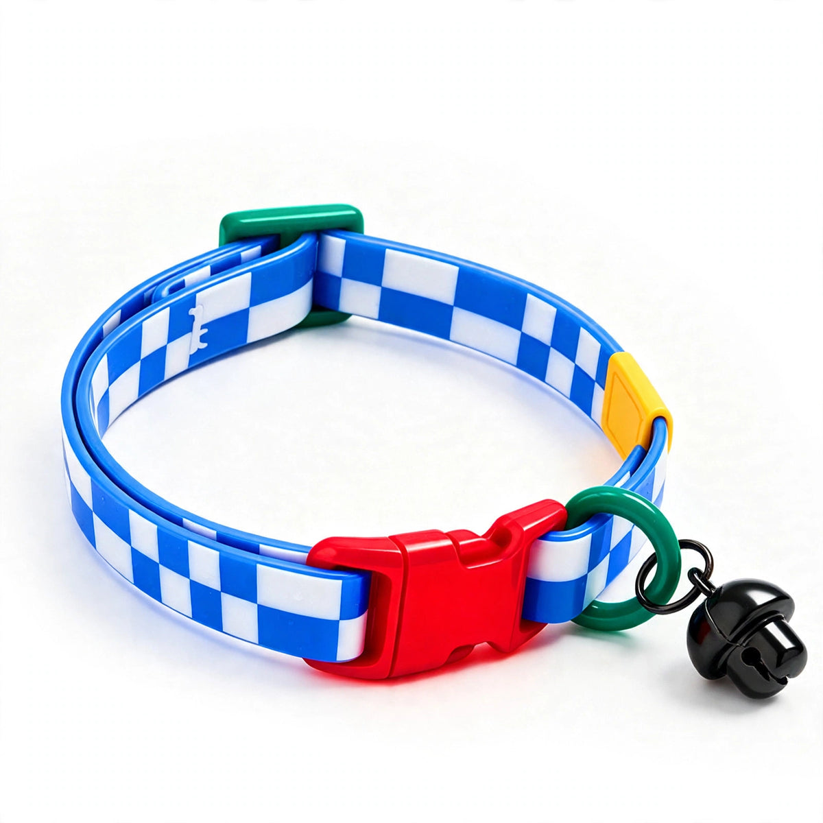 Blue and white checkered waterproof cat collar with bell on white background