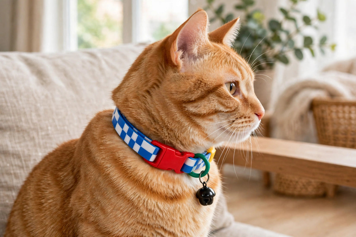 Orange cat wearing blue checkered collar with bell indoors