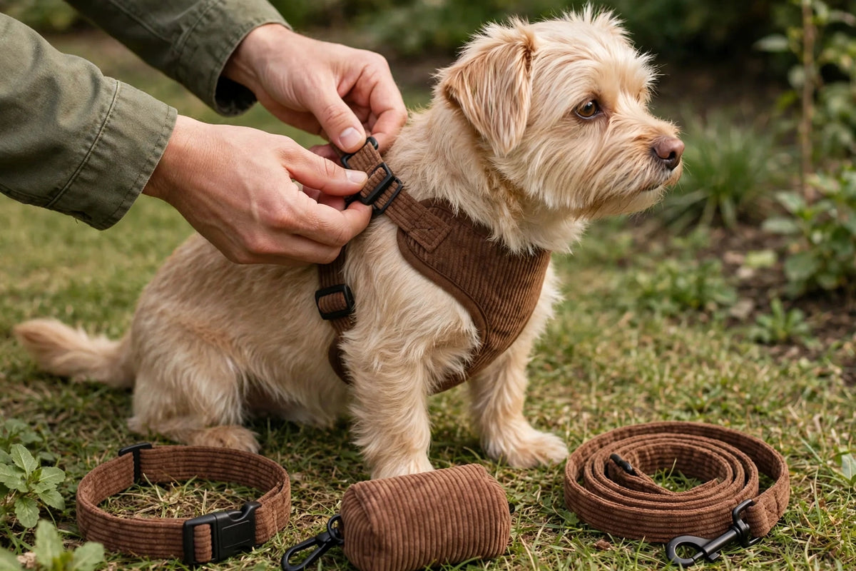 Person fastening a corduroy harness on a dog with collar leash and poop bag holder nearby