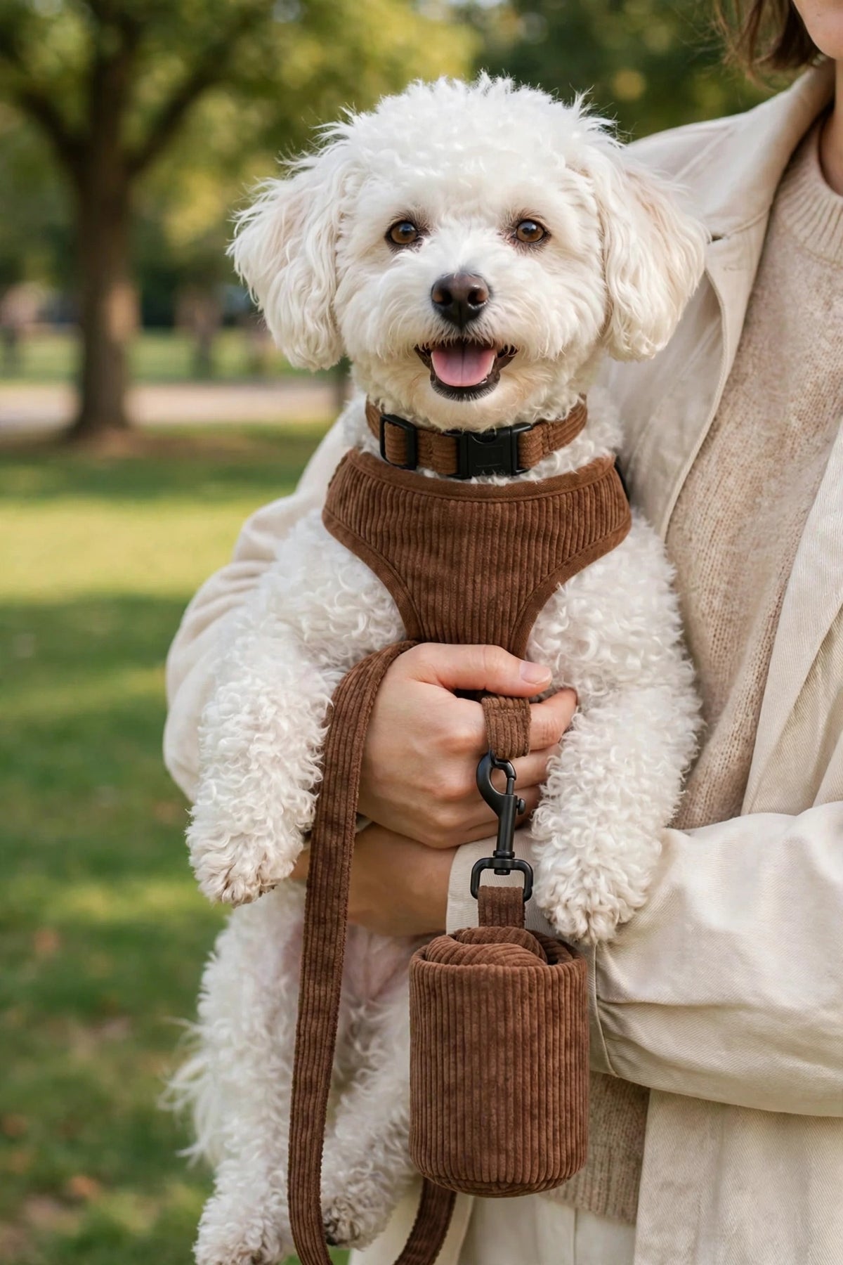 Person holding a small dog wearing a corduroy harness and collar with leash and poop bag holder