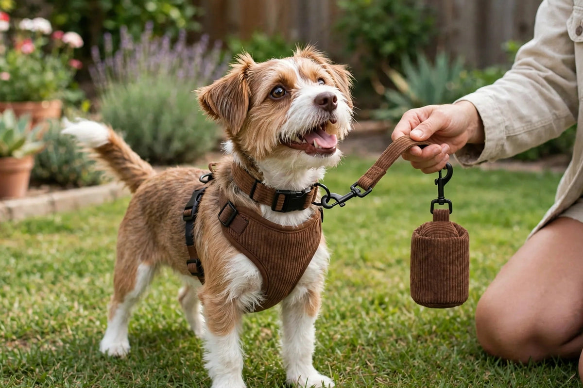 Person playing with a small dog in a yard wearing a corduroy harness collar and leash set