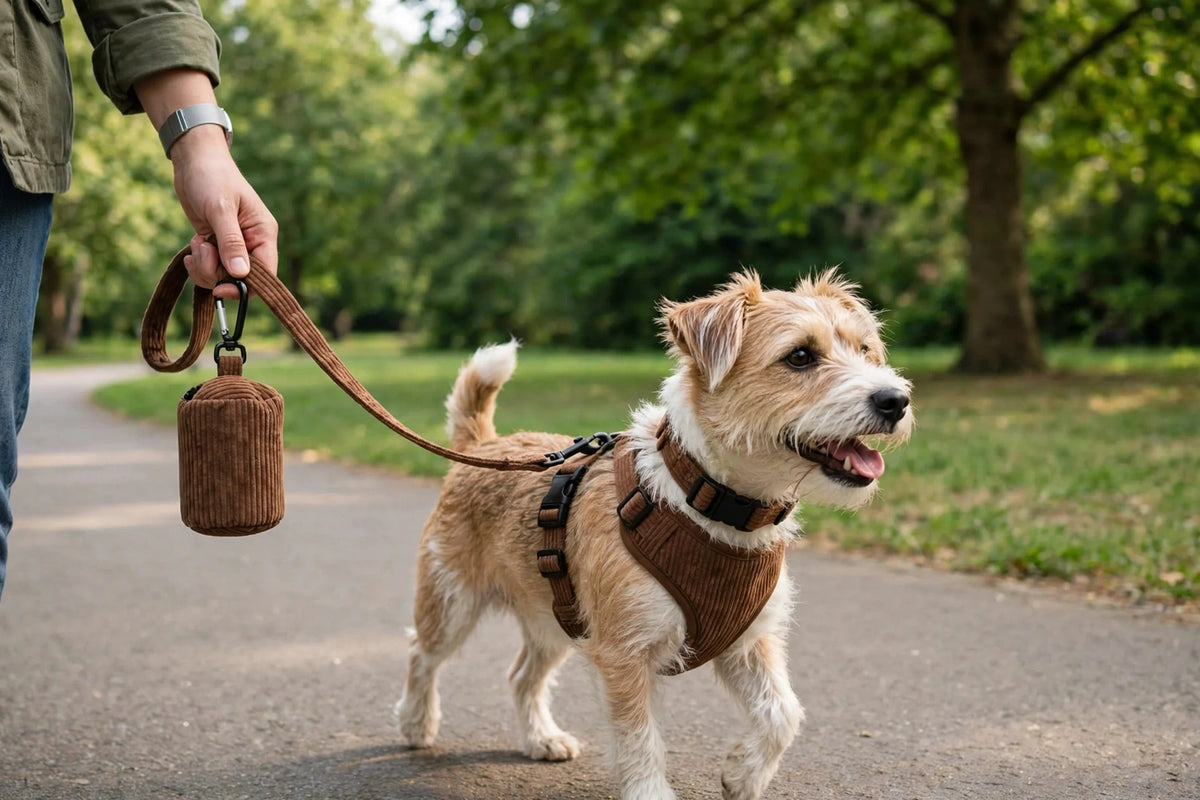 Person walking a small dog wearing a corduroy harness collar and leash set with poop bag holder