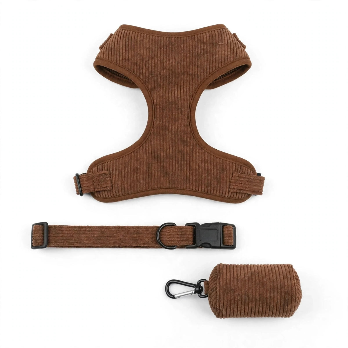 Brown corduroy dog harness, collar leash and poop bag holder set on white background