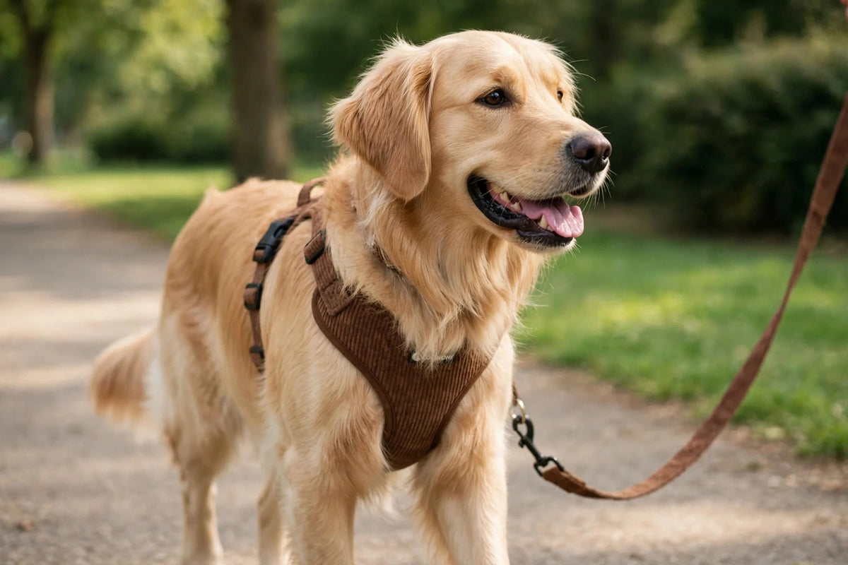 Dog wearing brown corduroy harness on a walk outdoors